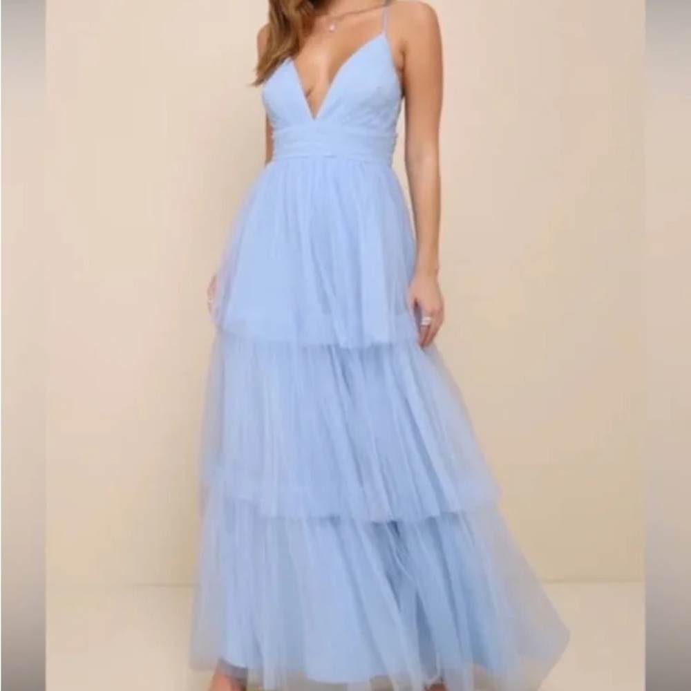 Lulu's Blue Ruffled Tiered Maxi Dress for Prom